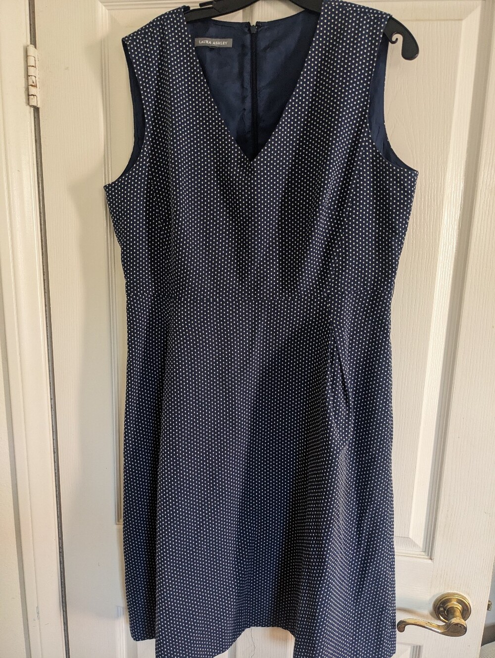 Vintage Laura Ashley Navy with White Polka Dot V‑Neck Midi  Belt Not Included